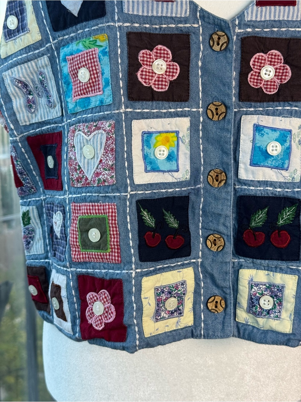 Vintage Patchwork Button-Front Vest in Blue with Multicolor Accents - Picture 3 of 8